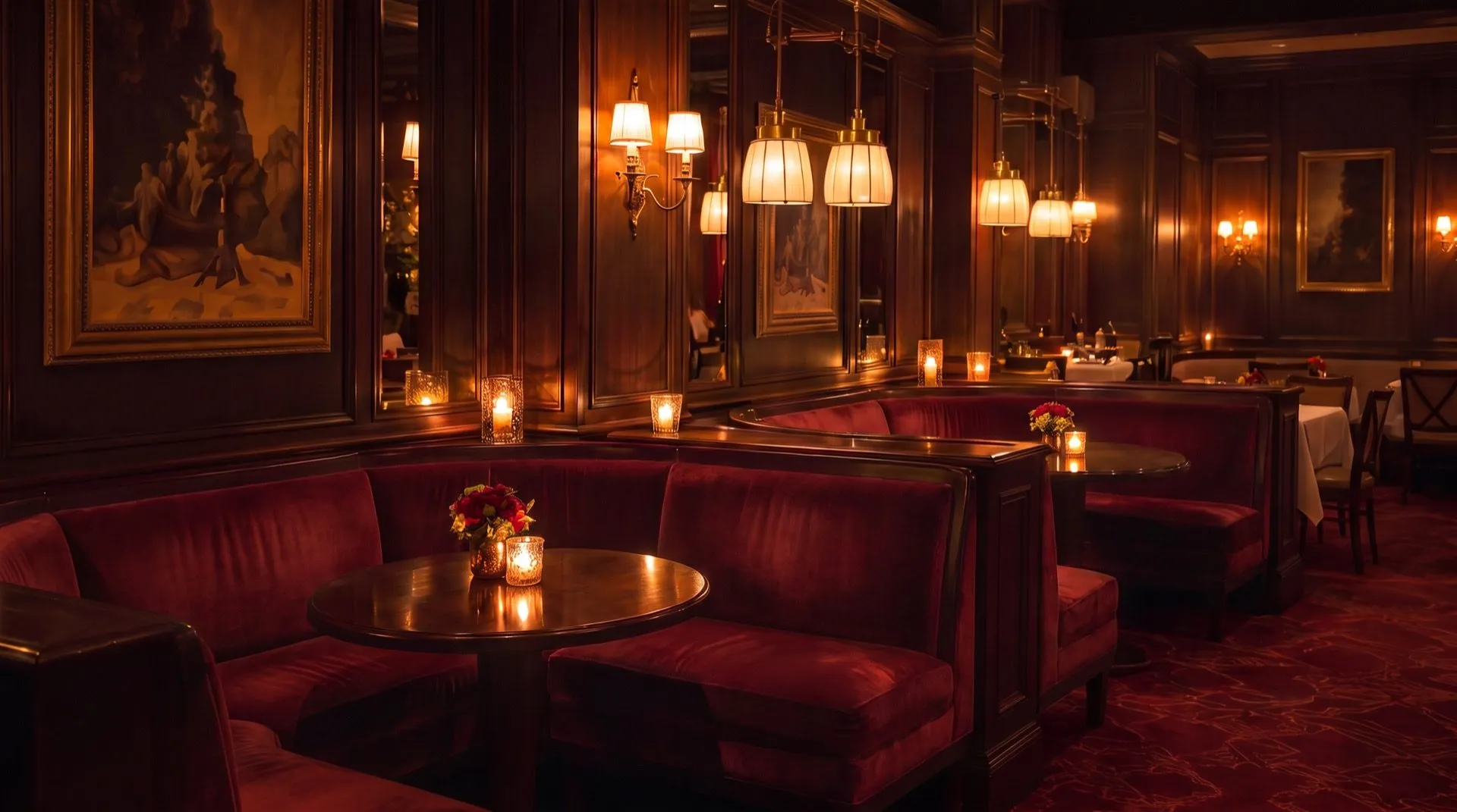 Sala ristorante con tavoli apparecchiati, lampadari caldi e palco con pianoforte sullo sfondo