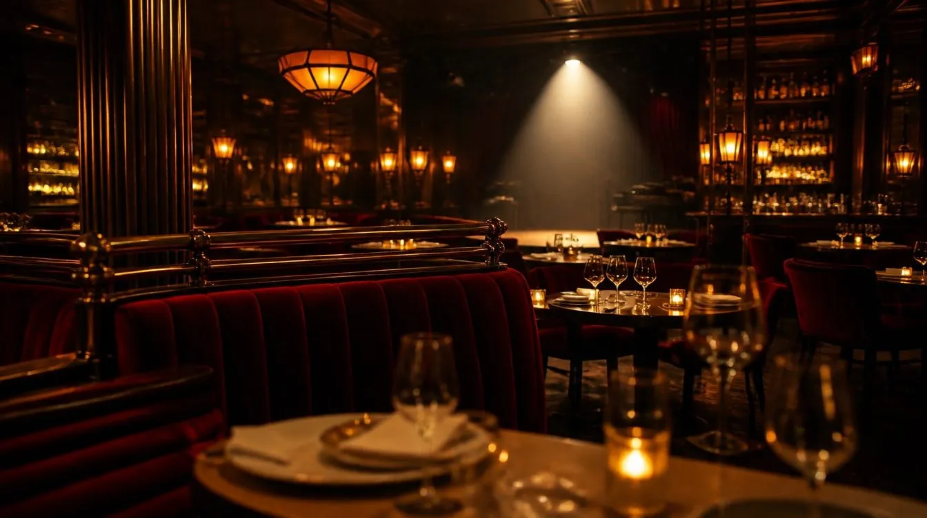 Sala del ristorante Vespro con sedute in velluto bordeaux, ottone e luci soffuse
