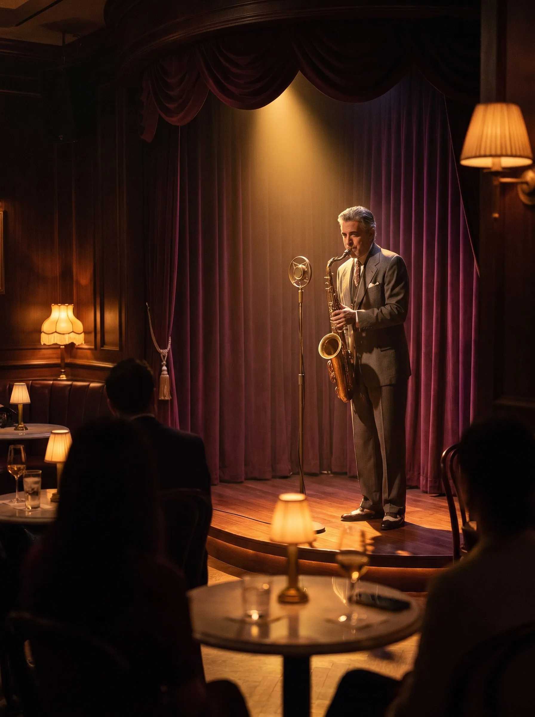 Musicista jazz che suona il sassofono su un palco intimo
